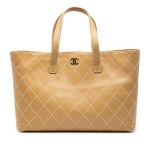 CHANEL Cream Leather Logo Tote Bag